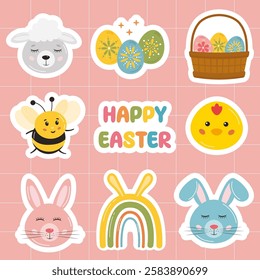 Easter sticker bundle with bunny, egg, spring flowers. Easter holiday design elements set. Happy Easter typography message with festive rabbit, bunny eggs, basket, bee, rainbow in cute childish style.