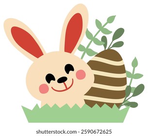 Easter sticker illustration featuring an adorable bunny with decorated eggs and greenery on a grassy area, perfect for holiday and spring designs.
