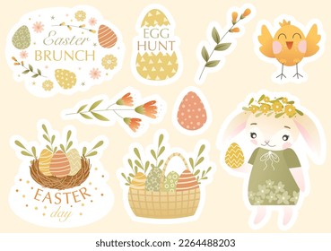 Easter sticker kit with cute bunny, spring flowers, colored eggs, congratulatory quotes. Vector illustration in children's style. Vector sticker set and design elements. Perfect for scrapbooking, card