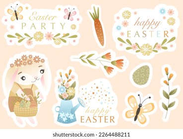 Easter sticker kit with cute bunny, spring flowers, colored eggs, congratulatory quotes. Vector illustration in children's style. Cute sticker set and design elements. Perfect for scrapbooking, card