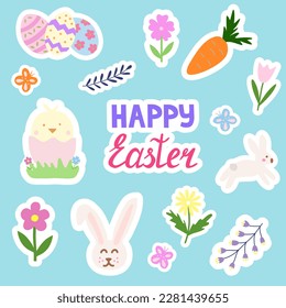 Easter sticker pack with colourful eggs, chick, bunny, butterfly, flowers and carrot, vector