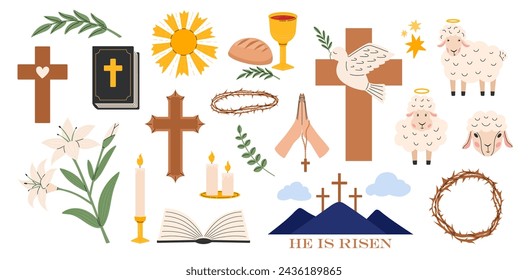 Easter sticker pack. Religious christian signs and symbols. Bible, hands holding cross, dove with branch, cross of Jesus Christ, crown of thorns, bowl and bread, sheep. Holy Week. Vector illustration