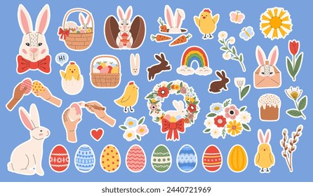 Easter sticker pack. Spring collection with rabbits, flowers, eggs, chicks, baskets. Vector illustration in flat hand drawn style 