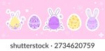Easter sticker set with colorful eggs and bunny ears, flowers, and spring elements in doodle style for stickers, greeting cards, children