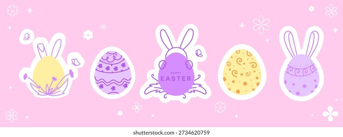 Easter sticker set with colorful eggs and bunny ears, flowers, and spring elements in doodle style for stickers, greeting cards, children' projects, scrapbooking, invitations, and social media. Vector