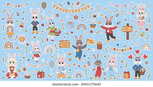 Easter sticker set with cute cartoon flat bunnies and painted eggs, rainbow, cakes, flowers, signs, flags. Festive design. Vector illustration isolated on blue background.