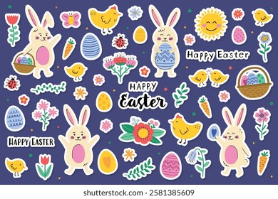 Easter sticker set with cute elements: bunny, chick, egg and flower. Cartoon style characters. Vector illustration