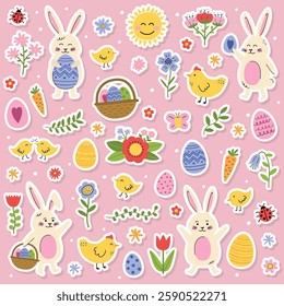 Easter sticker set with cute elements: bunny, chick, egg and flower. Cartoon style characters. Vector illustration