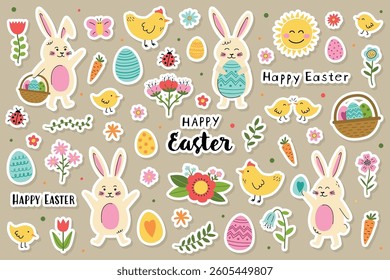 Easter sticker set with cute elements: bunny, chick, egg and flower. Cartoon style characters. Vector illustration