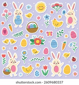 Easter sticker set with cute elements: bunny, chick, egg and flower. Cartoon style characters. Vector illustration