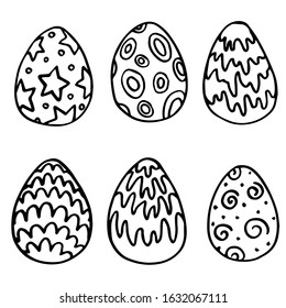 Easter sticker set on white isolated backdrop. Black line painted eggs for invitation or gift card, notebook, bath tile, color book. Phone case or cloth print. Drawn style stock vector illustration