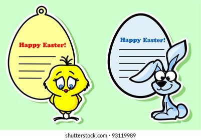 Easter stickers with the chicken and rabbit, the vector