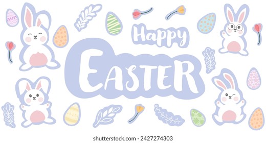 Easter stickers collection. Happy Easter stickers bunny or rabbit, eggs and flowers. Set of Easter sticker