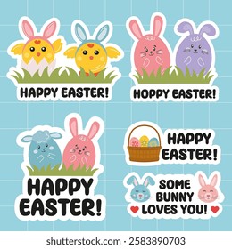 Easter stickers. Cute Happy Easter sticker collection with greetings, rabbit, bunny, chicken, basket with painted eggs in cartoon style. Easter spring typography messages.