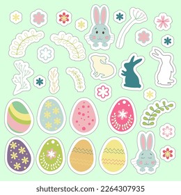 Easter stickers on a blue background. Flowers, rabbits and eggs.