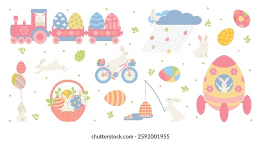   Easter stickers Set with bunnies. Fabulous scenes from the life of the Easter bunny. Cutie bunnies, colorful eggs, train, rocket, bike, basket, balloons. Unusual vector drawings.