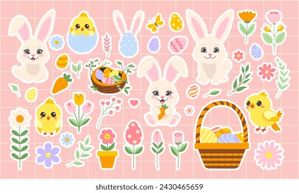 Pegatinas de Pascua con conejito, huevos, flores, cesta. Ilustración de vector