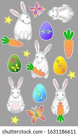 Easter stickers set. Stickers with cute rabbits, colored eggs, carrots, butterflies and stars. Vector templates for stickers on the theme of Easter.