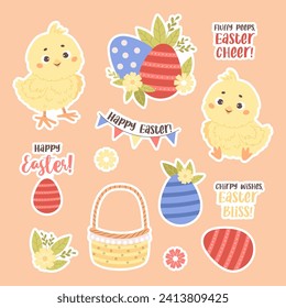 Easter stickers set. Little chickens, basket, paschal eggs, flowers, garland and congratulatory phrases. Isolated holiday symbols. Vector illustration. Kids collection