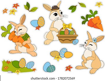 Easter stickers set with rabbits, Easter eggs, flowers, carrots isolated on white background. Wild animals and seasons. Cut and glue children games and decorations.