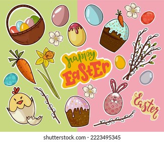 Easter stickers set vector, hand drawn. Drawing easter holiday elements eggs, cupcake, easter bunny, chicken, carrots, willow, flowers. Easter stickers for stickers, print, sketchbook.
