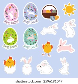 Easter stickers. Spring set. Rabbits and chick. Basket with Easter eggs. Easter eggs with decorative pattern. Vector illustration