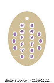 Pegatinas de Pascua. Letras y huevos violetas en el fondo beige con motivos de esgrima impecables. Vectores de dibujo manual, de huevo y patrón. Ideas para Semana Santa