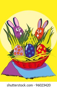 Easter still life and hare on a yellow background