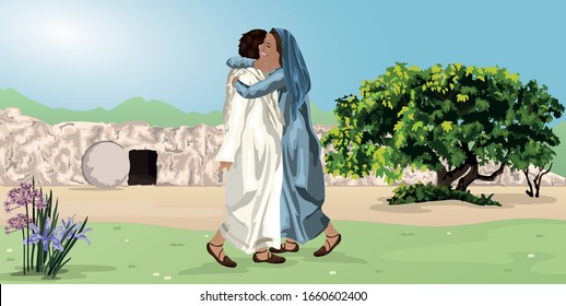 Easter Story - Jesus Appears To Mary Magdalene outside the tomb vector