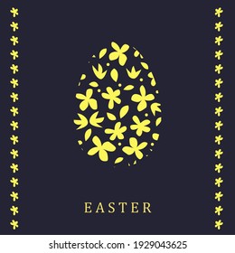 Easter stylized egg with gold flowers and inscription Easter. Greeting card. 