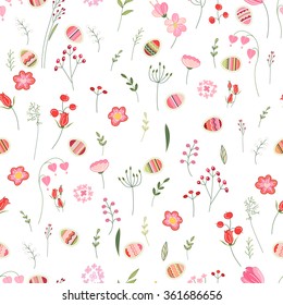 Easter stylized seamless pattern with cute flowers and painted eggs.  Endless texture for your design, greeting cards, announcements, posters.