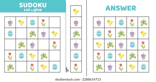 Easter sudoku with cake, chick, egg, tulip, butterfly. Game puzzle for kids. Cut and glue. Cartoon, flat, vector, eps 10