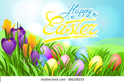 Easter sunbeam card with eggs in green grass and flowering primrose.