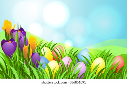 Easter sunbeam card with eggs in green grass.