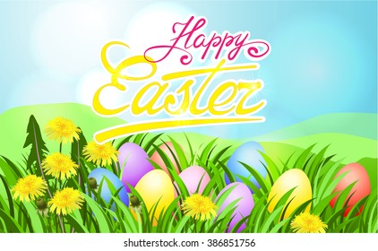 Easter sunbeam card with painted eggs in green grass.
