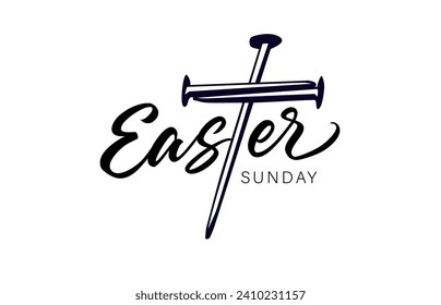 Easter Sunday black calligraphy with iron nails cross. Jesus Christ cross made of nails. Christian vector illustration