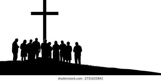 Ostersonntagsfeier mit Kreuz und Anhängern auf dem Hügel