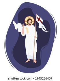 Easter Sunday. Christ Victorious Icon. Religious holiday - the Resurrection of Christ. He conquered death and was resurrected. Christ stands with the flag of victory and a gesture of blessing. Vector