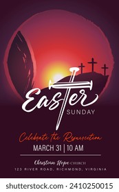 Easter Sunday church banner template with nail cross. Celebrate the Resurrection, christian vector illustration for social media or poster