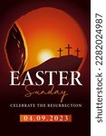 Easter Sunday church poster template. Celebrate the resurrection, invitation design for Easter worship service. Vector illustration