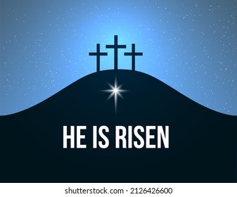 Easter Sunday concept. He is risen. Starry night sky, bright star and cross on the hill. Religious symbol of the resurrection of Jesus Christ