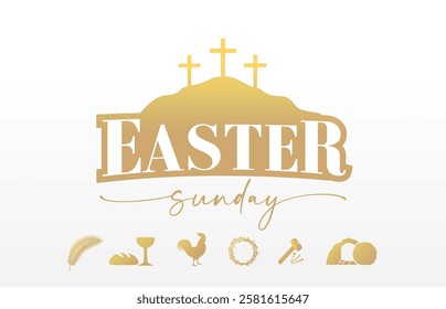 Easter Sunday creative design with Calvary and Holy week icons. Holiday vector concept with golden signs Palm Sunday, chalice with wine and bread, cock, hammer and nails, crown of thorns and tomb