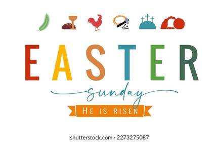 Easter Sunday creative typography. Greeting card horizontal design with Holy week symbols. Church service invitation concept. Christian banner.