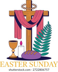Easter Sunday cross with crown of thorns and symbols.