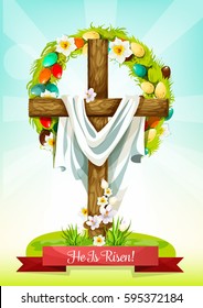 Easter Sunday cross with flowers greeting card. Easter cross, adorned by floral wreath of painted eggs and narcissus flowers, green grass and leaves. He Is Risen cartoon festive poster design