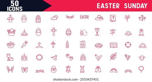 Easter Sunday Editable Stroke Outline Web Icons Set , Vector Landscape with Religious Theme Easter, He Is Risen, Editable Easter Vector Illustration for Designers