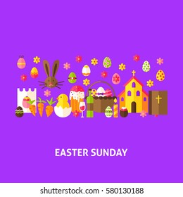 Easter Sunday Greeting Postcard. Flat Design Vector Illustration. Spring Holiday Poster.
