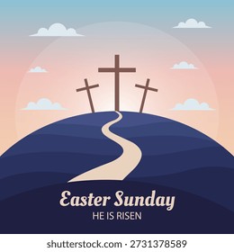 Easter Sunday He Is Risen Banner with Three Crosses on Calvary Hill and Empty Tomb of Jesus Christ in Flat Vector Illustration Style