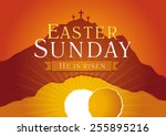 Easter Sunday, He is risen. Greetings, invite vector card. Calvary sunrise with three crosses, open lighting empty cave and stone. Religious symbol. Holy week flyer template. Bible story illustration.