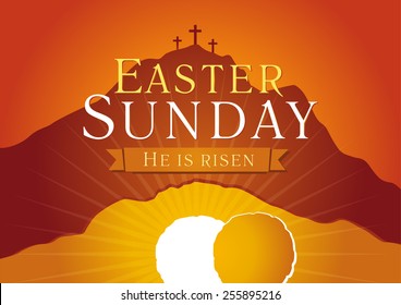 Easter Sunday, He is risen. Greetings, invite vector card. Calvary sunrise with three crosses, open lighting empty cave and stone. Religious symbol. Holy week flyer template. Bible story illustration.